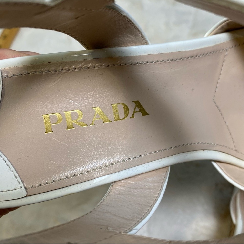 Prada White Patent Leather Criss Cross Ankle Strap Cork Wedge Sandals Size 39 - Picture 9 of 16